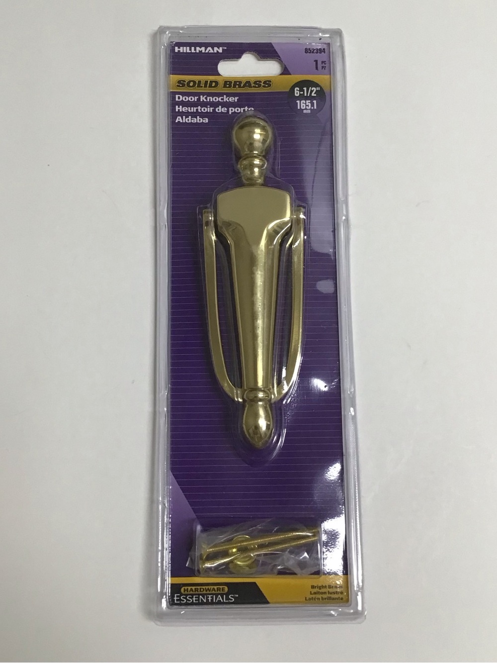Hillman Hardware Solid Bright Brass Door Knocker 6.5” Narrow Model #852394 NEW
